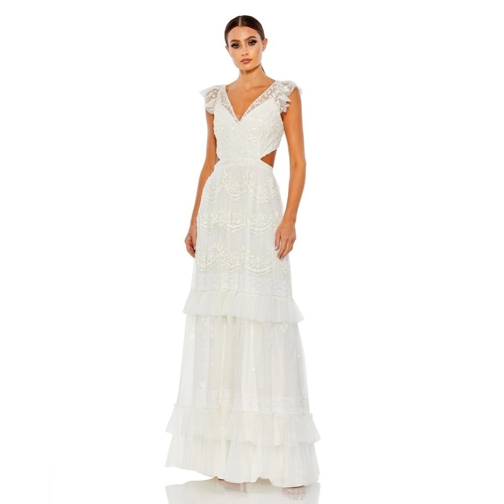Mac Duggal Sequined Ruffled Cap Sleeve Cut Out Tiered Gown Size 6 NWT